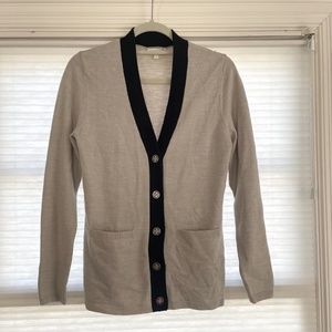 Tory Burch Merino Wool Navy and Cream V-Neck Cardigan
